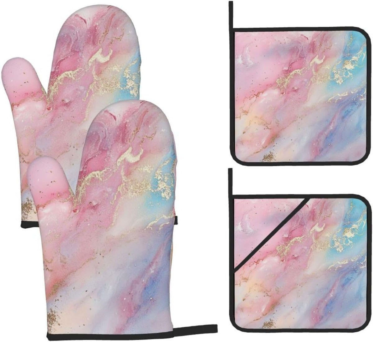 Oven Mitts and Pot Holders Set Abstract Pastel Light Pink Marble Heat Resistant Kitchen Gloves 2 Oven Mitts and 2 Pot Holders for Cooking Baking BBQ