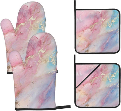 Oven Mitts and Pot Holders Set Abstract Pastel Light Pink Marble Heat Resistant Kitchen Gloves 2 Oven Mitts and 2 Pot Holders for Cooking Baking BBQ