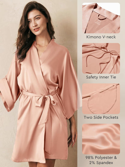 Silk Robes for Women, Short Bridesmaid Robes for Bridal Wedding Party, Bride Satin Bathrobe with Long Sleeve