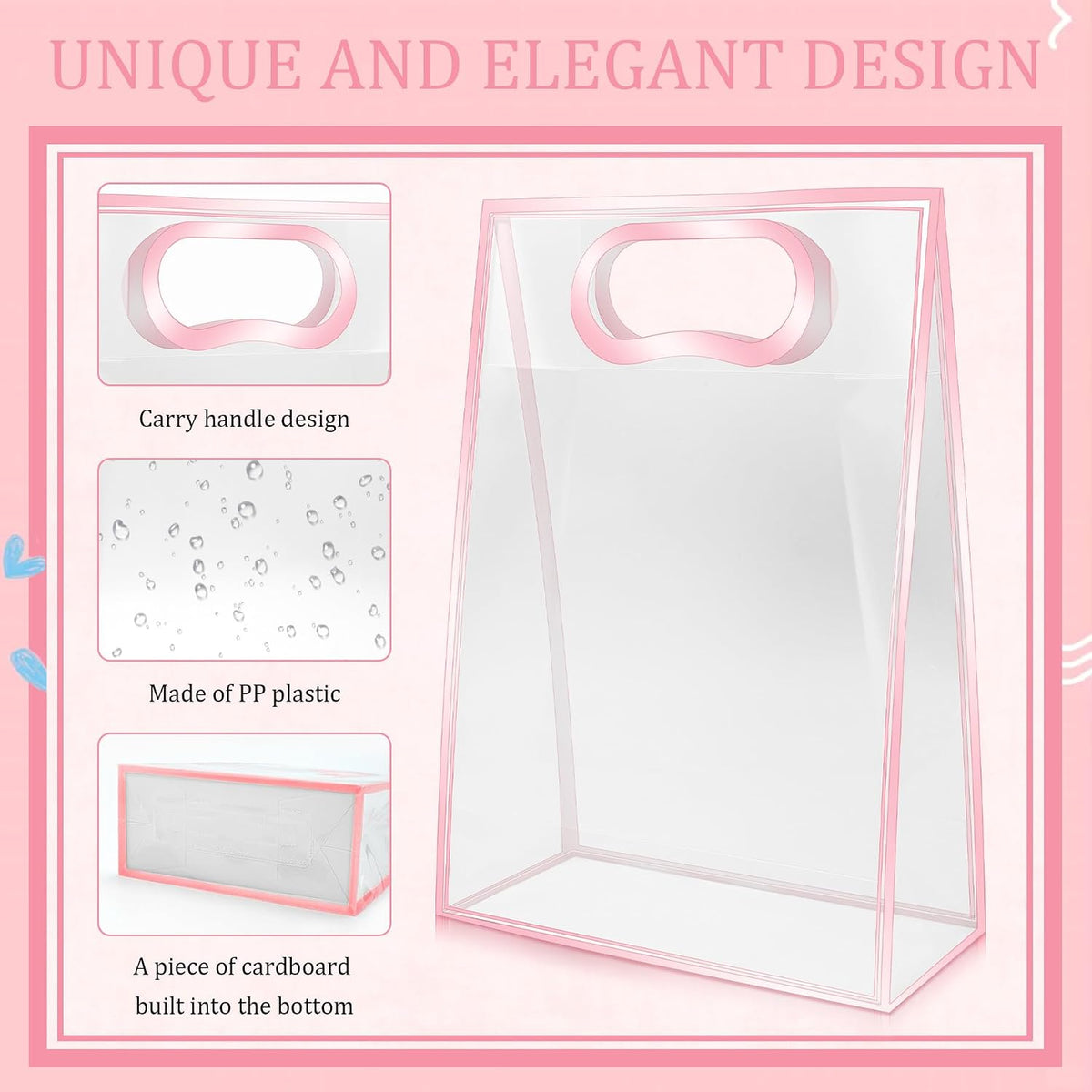 15Pack Clear Plastic Gift Bags with Handle,Reusable PP Gift Wrap Tote Bags with Ribbon for Wedding Bridal Birthday Party Baby Shower Goodies Graduation Shopping Business, 7x10x3.15 Inch (Pink)