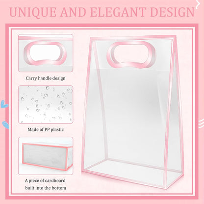 15Pack Clear Plastic Gift Bags with Handle,Reusable PP Gift Wrap Tote Bags with Ribbon for Wedding Bridal Birthday Party Baby Shower Goodies Graduation Shopping Business, 7x10x3.15 Inch (Pink)