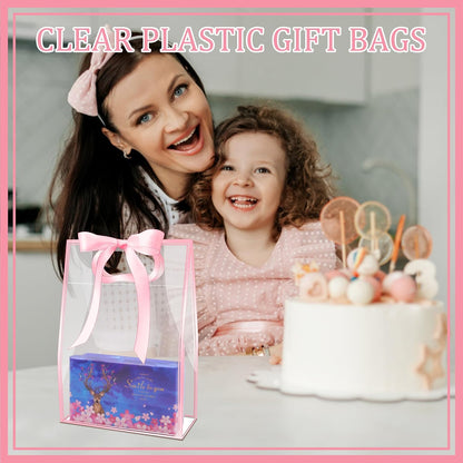 15Pack Clear Plastic Gift Bags with Handle,Reusable PP Gift Wrap Tote Bags with Ribbon for Wedding Bridal Birthday Party Baby Shower Goodies Graduation Shopping Business, 7x10x3.15 Inch (Pink)