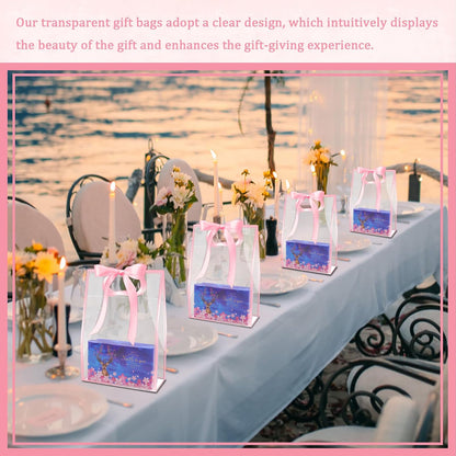 15Pack Clear Plastic Gift Bags with Handle,Reusable PP Gift Wrap Tote Bags with Ribbon for Wedding Bridal Birthday Party Baby Shower Goodies Graduation Shopping Business, 7x10x3.15 Inch (Pink)
