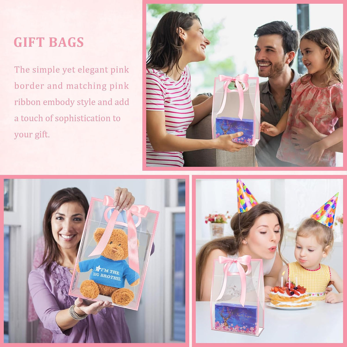15Pack Clear Plastic Gift Bags with Handle,Reusable PP Gift Wrap Tote Bags with Ribbon for Wedding Bridal Birthday Party Baby Shower Goodies Graduation Shopping Business, 7x10x3.15 Inch (Pink)