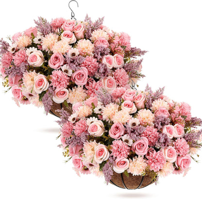 Pink 2 Set Artificial Fake Hanging Flowers Basket for Spring Summer
