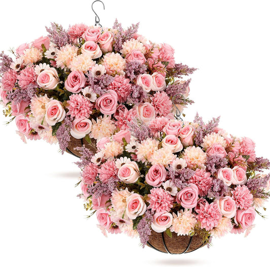 Pink 2 Set Artificial Fake Hanging Flowers Basket for Spring Summer