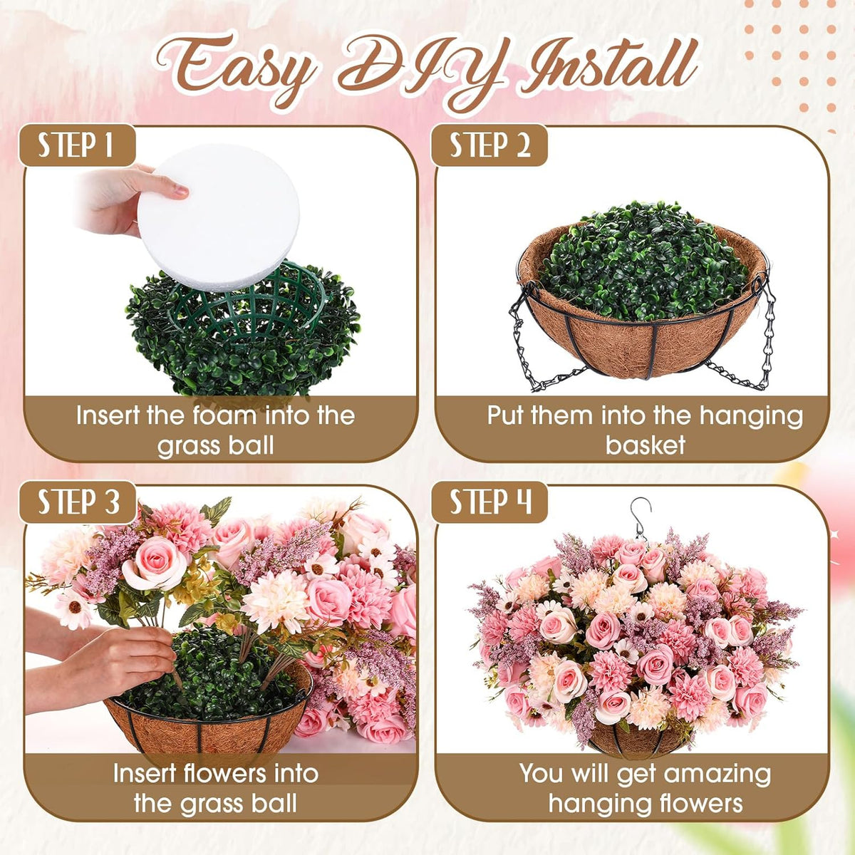 Pink 2 Set Artificial Fake Hanging Flowers Basket for Spring Summer