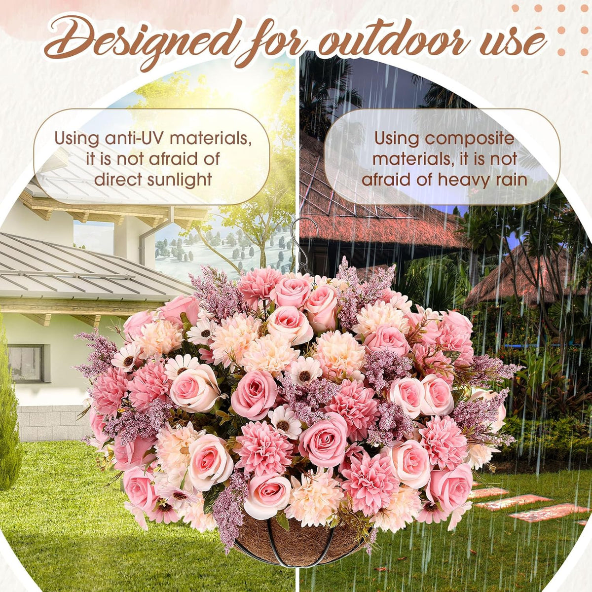 Pink 2 Set Artificial Fake Hanging Flowers Basket for Spring Summer