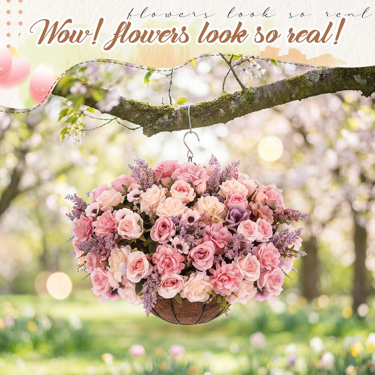 Pink 2 Set Artificial Fake Hanging Flowers Basket for Spring Summer