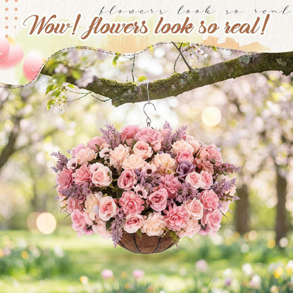 Pink 2 Set Artificial Fake Hanging Flowers Basket for Spring Summer