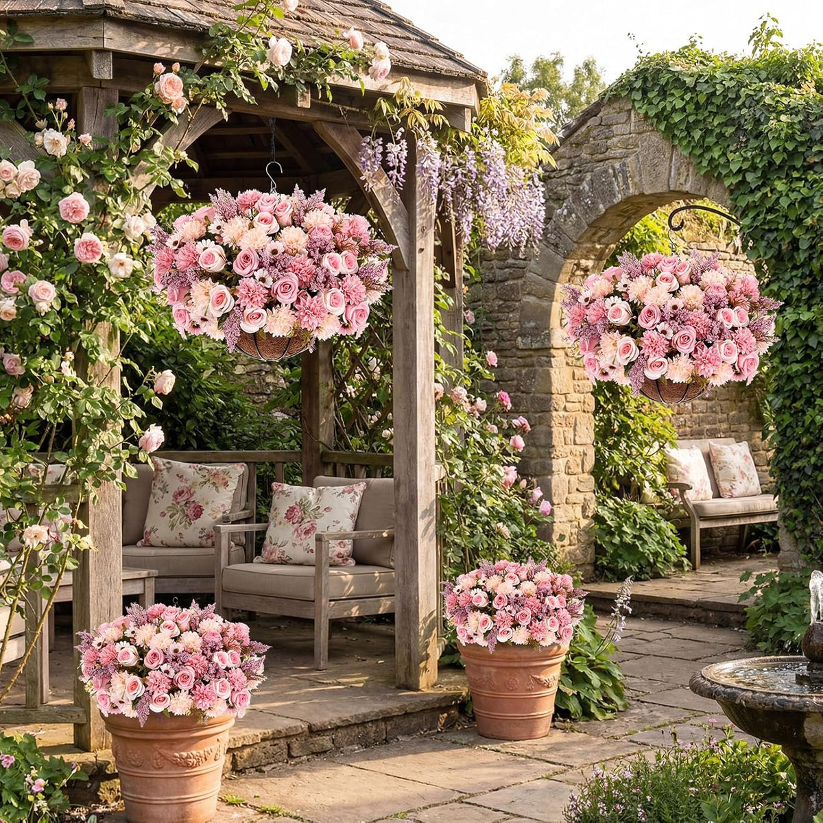 Pink 2 Set Artificial Fake Hanging Flowers Basket for Spring Summer
