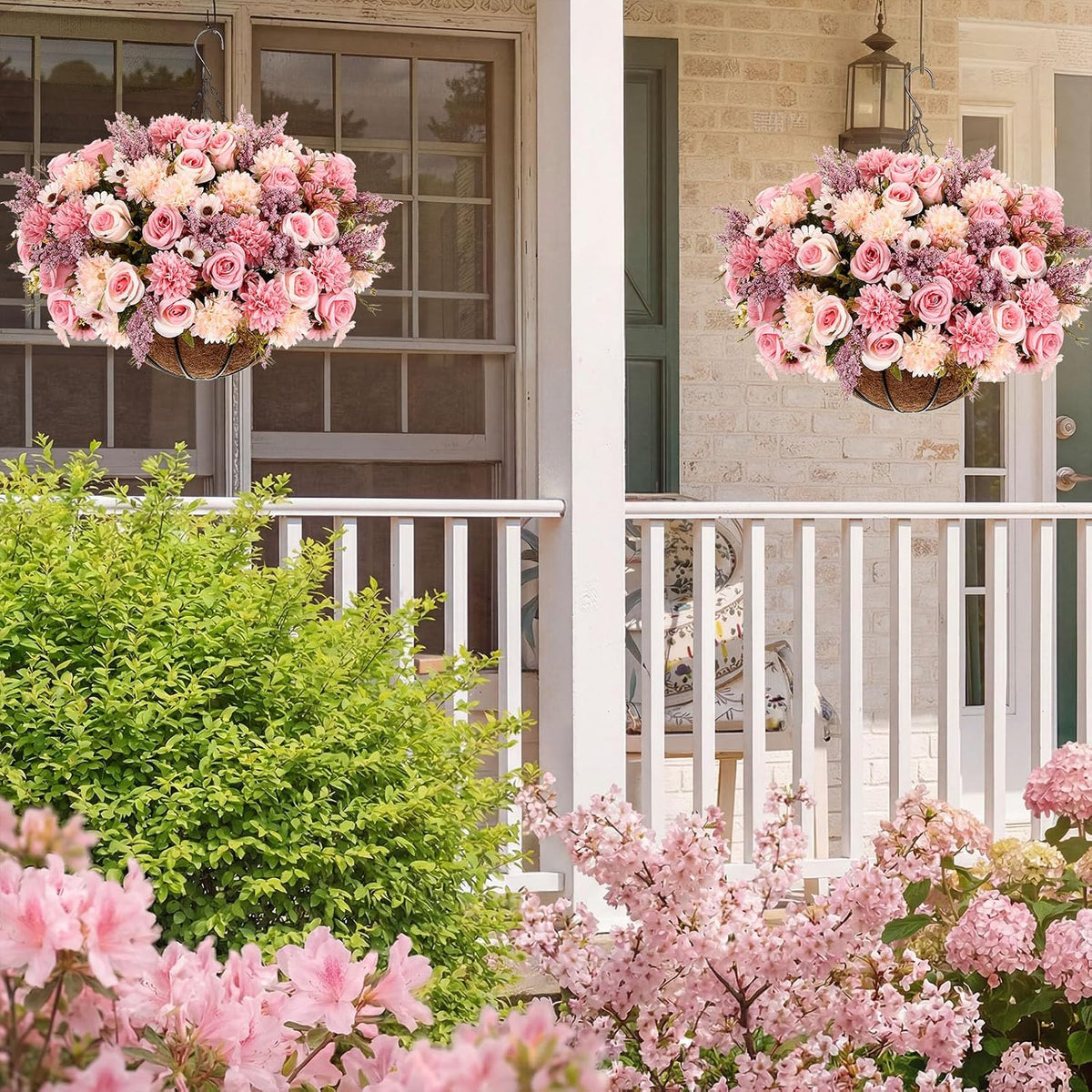 Pink 2 Set Artificial Fake Hanging Flowers Basket for Spring Summer