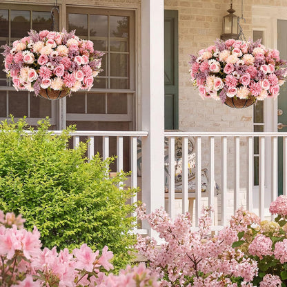 Pink 2 Set Artificial Fake Hanging Flowers Basket for Spring Summer