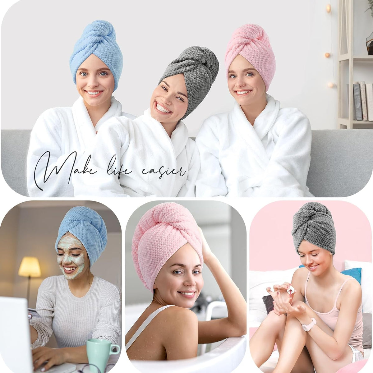 3 Pack Large Microfiber Hair Towel Wrap Long Hair, 400 GSM Thicker