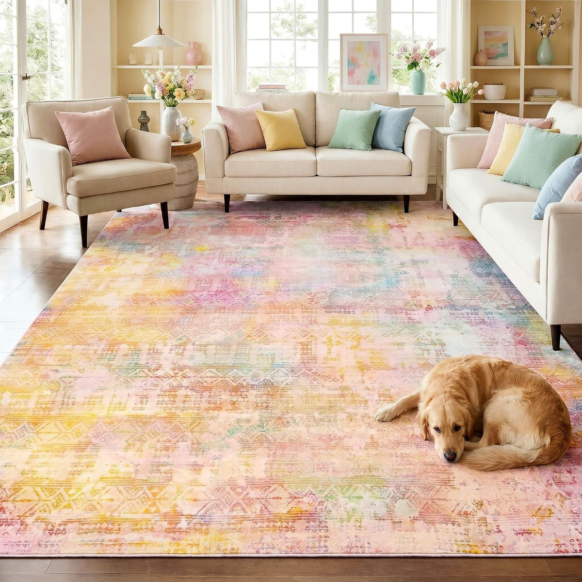 9x12 Pink Yellow Abstract Area Rug Living Room Modern Boho Washable Carpet