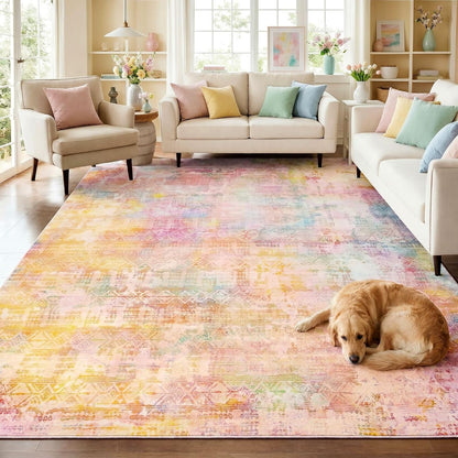 9x12 Pink Yellow Abstract Area Rug Living Room Modern Boho Washable Carpet