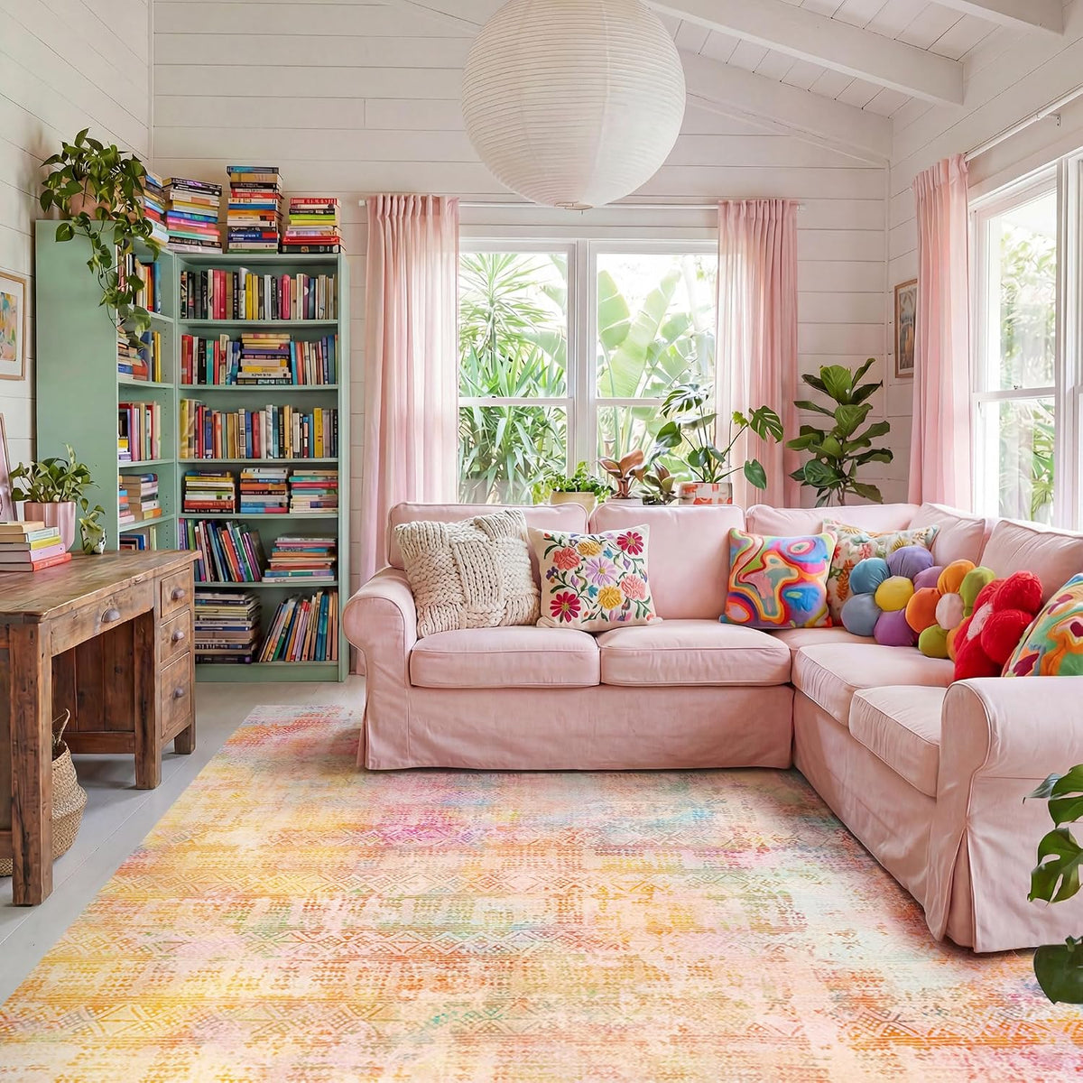 9x12 Pink Yellow Abstract Area Rug Living Room Modern Boho Washable Carpet
