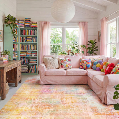 9x12 Pink Yellow Abstract Area Rug Living Room Modern Boho Washable Carpet
