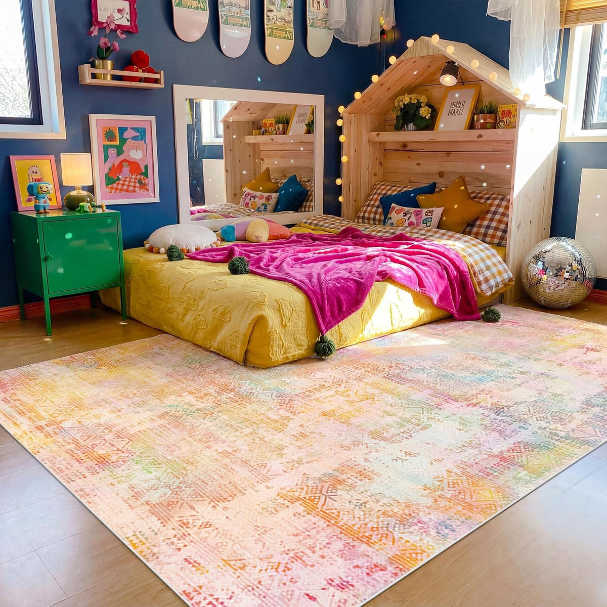 9x12 Pink Yellow Abstract Area Rug Living Room Modern Boho Washable Carpet