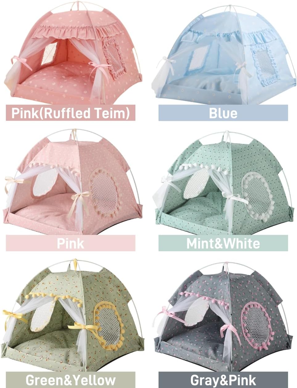 Cat Bed Tents Dog House Indoor Outdoor Lace Mesh Breathable Windows Door Curtains Removable Portable Nest Teepe House (Small,Pink(Ruffled Teim))