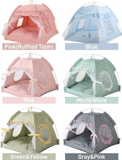 Cat Bed Tents Dog House Indoor Outdoor Lace Mesh Breathable Windows Door Curtains Removable Portable Nest Teepe House (Small,Pink(Ruffled Teim))