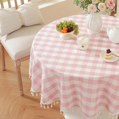Spring Pink Checkered 60" Round Tablecloth (Fits 30-48" Table) Washable Buffalo Plaid Table Cloth with Tassel Cotton Linen Gingham Table Cover for Baby Shower, Pink, Round