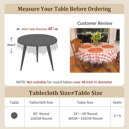 Spring Pink Checkered 60" Round Tablecloth (Fits 30-48" Table) Washable Buffalo Plaid Table Cloth with Tassel Cotton Linen Gingham Table Cover for Baby Shower, Pink, Round