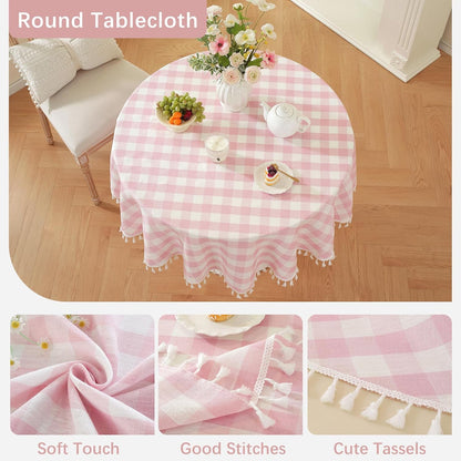Spring Pink Checkered 60" Round Tablecloth (Fits 30-48" Table) Washable Buffalo Plaid Table Cloth with Tassel Cotton Linen Gingham Table Cover for Baby Shower, Pink, Round