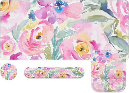Mouse Pad with Wrist Rest, Large Desk Mat, Ergonomic Keyboard Wrist Support, 4pcs Computer Desk Pad Set with Coaster, Memory Foam Gaming Mousepad for Laptop Girls, Pink Floral