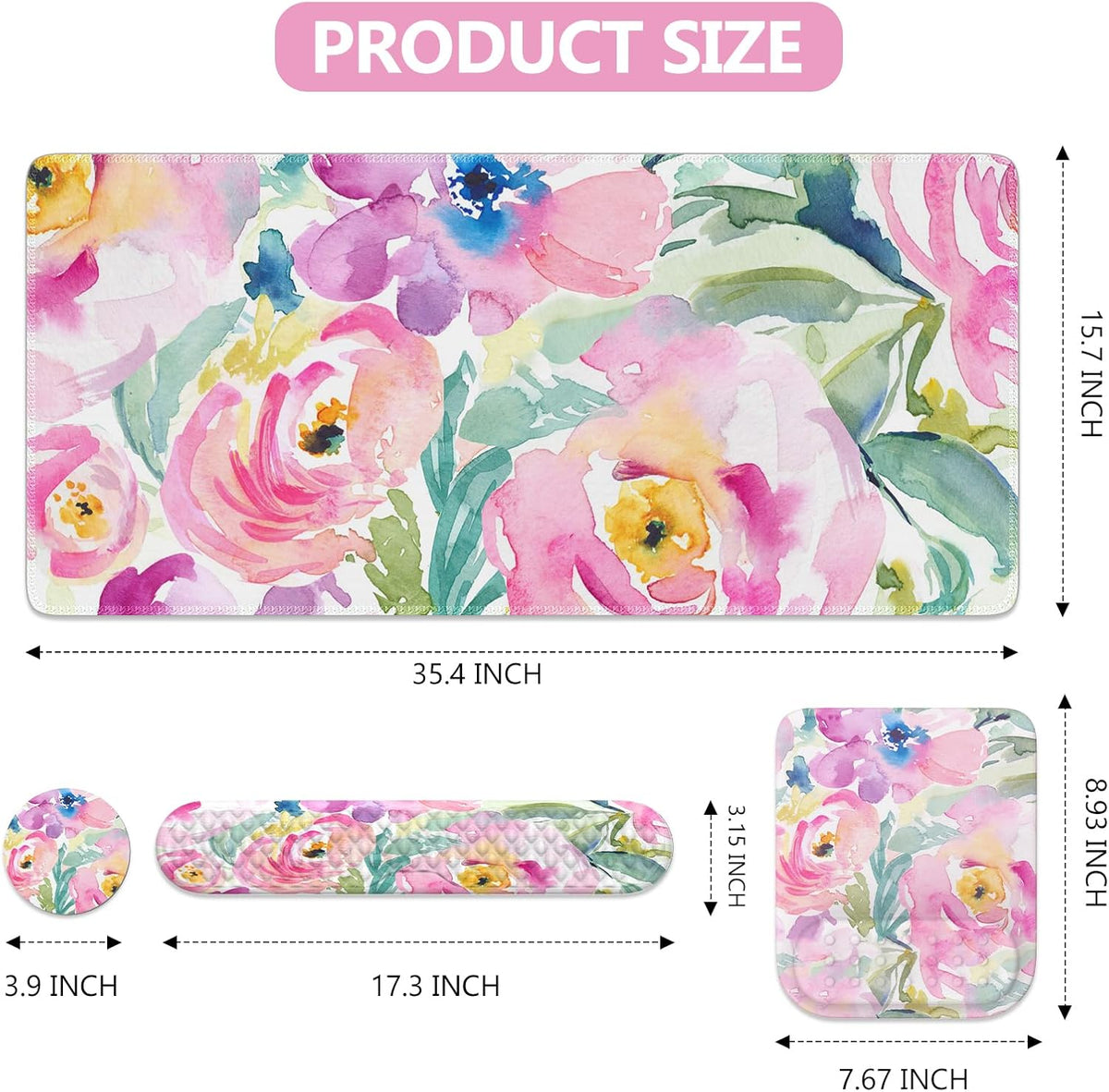 Mouse Pad with Wrist Rest, Large Desk Mat, Ergonomic Keyboard Wrist Support, 4pcs Computer Desk Pad Set with Coaster, Memory Foam Gaming Mousepad for Laptop Girls, Pink Floral