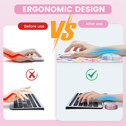 Mouse Pad with Wrist Rest, Large Desk Mat, Ergonomic Keyboard Wrist Support, 4pcs Computer Desk Pad Set with Coaster, Memory Foam Gaming Mousepad for Laptop Girls, Pink Floral