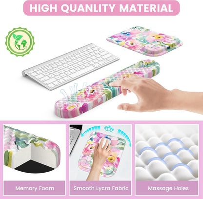 Mouse Pad with Wrist Rest, Large Desk Mat, Ergonomic Keyboard Wrist Support, 4pcs Computer Desk Pad Set with Coaster, Memory Foam Gaming Mousepad for Laptop Girls, Pink Floral