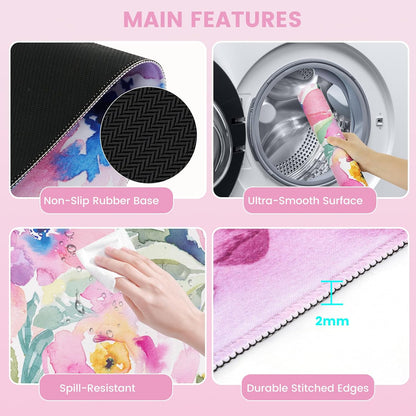 Mouse Pad with Wrist Rest, Large Desk Mat, Ergonomic Keyboard Wrist Support, 4pcs Computer Desk Pad Set with Coaster, Memory Foam Gaming Mousepad for Laptop Girls, Pink Floral