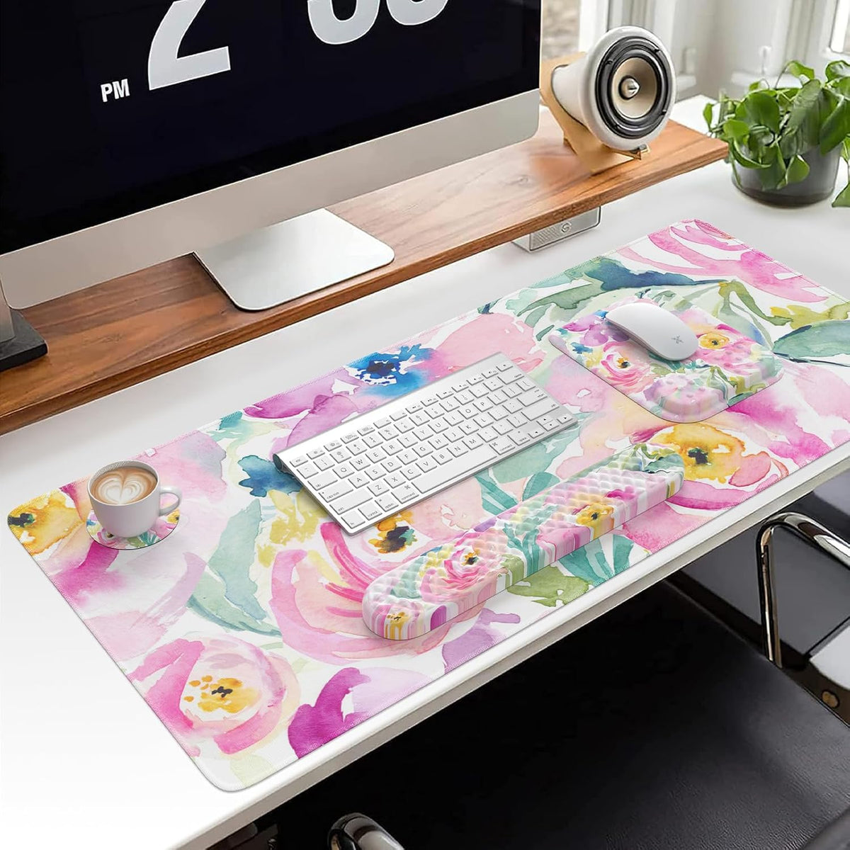 Mouse Pad with Wrist Rest, Large Desk Mat, Ergonomic Keyboard Wrist Support, 4pcs Computer Desk Pad Set with Coaster, Memory Foam Gaming Mousepad for Laptop Girls, Pink Floral