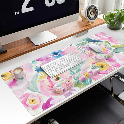 Mouse Pad with Wrist Rest, Large Desk Mat, Ergonomic Keyboard Wrist Support, 4pcs Computer Desk Pad Set with Coaster, Memory Foam Gaming Mousepad for Laptop Girls, Pink Floral