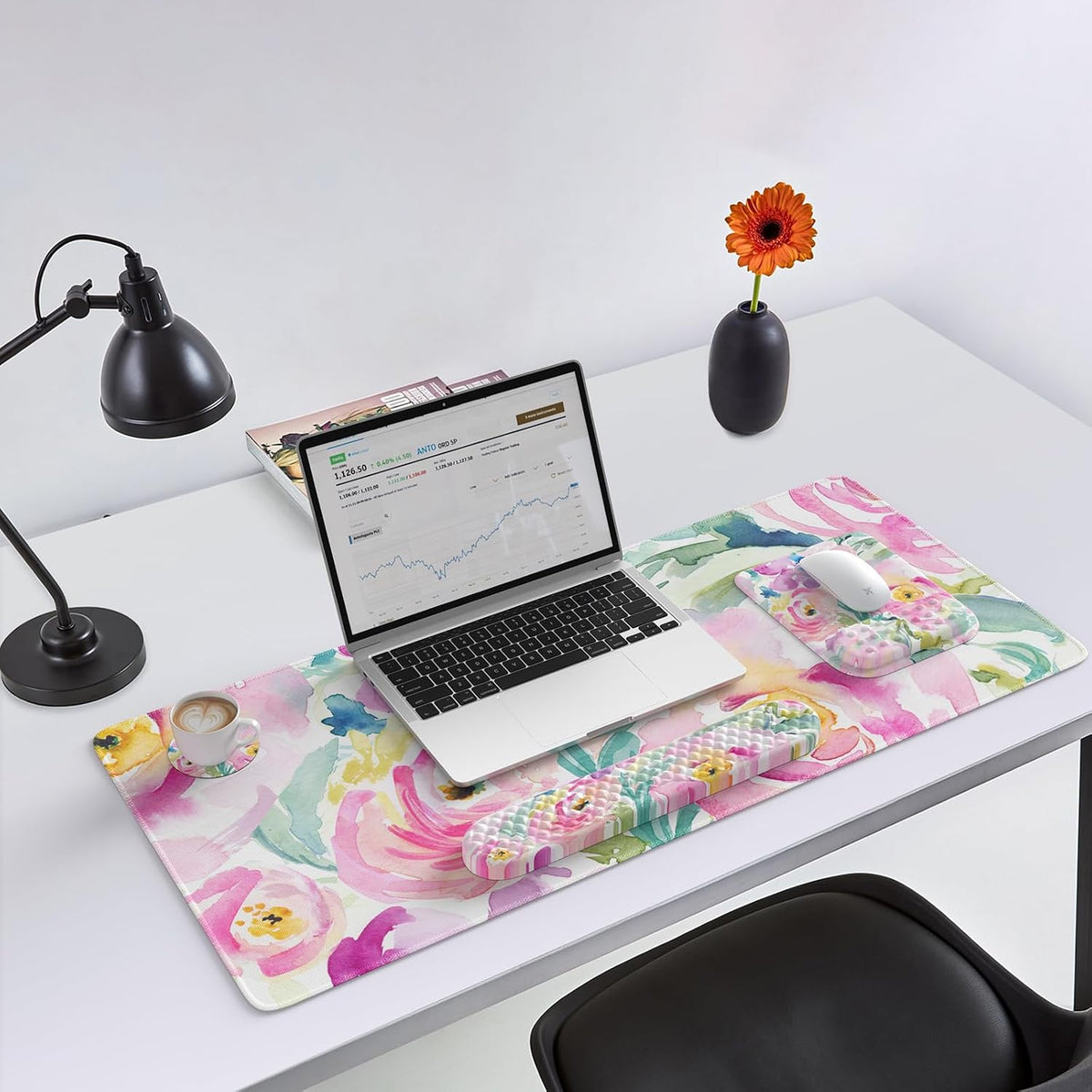Mouse Pad with Wrist Rest, Large Desk Mat, Ergonomic Keyboard Wrist Support, 4pcs Computer Desk Pad Set with Coaster, Memory Foam Gaming Mousepad for Laptop Girls, Pink Floral