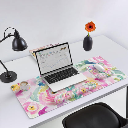 Mouse Pad with Wrist Rest, Large Desk Mat, Ergonomic Keyboard Wrist Support, 4pcs Computer Desk Pad Set with Coaster, Memory Foam Gaming Mousepad for Laptop Girls, Pink Floral