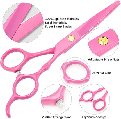 Professional Hair Cutting Scissors Sets Stainless Steel Barber Hairdressing Scissors Multifunctional Salon Thinning Scissors Straight Shears Tools for Men Women Home Use (Pink)