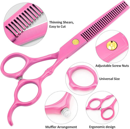 Professional Hair Cutting Scissors Sets Stainless Steel Barber Hairdressing Scissors Multifunctional Salon Thinning Scissors Straight Shears Tools for Men Women Home Use (Pink)