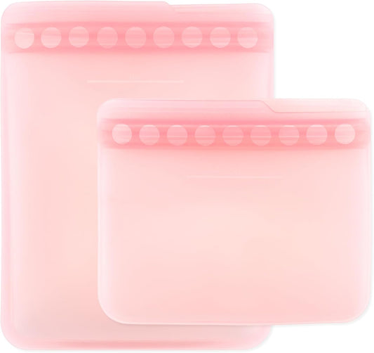 Silicone Reusable Sandwich and Snack Bags, Storage, Food Prep, Lunch Bag, Washable Zip Bag, Microwave, Freezer and Dishwasher Safe, Travel, Leak Resistant, Sticky Lining Locks Out Air (Pink)