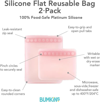 Silicone Reusable Sandwich and Snack Bags, Storage, Food Prep, Lunch Bag, Washable Zip Bag, Microwave, Freezer and Dishwasher Safe, Travel, Leak Resistant, Sticky Lining Locks Out Air (Pink)