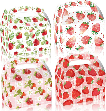 12 pcs Strawberry Treat Boxes, 4 Designs Summer Strawberry Gift Boxes with Handles, Pink Cute Party Favor Boxes for Candy Cookies Gifts, Baby Shower, Wedding, Birthday Party Decorations Supplies