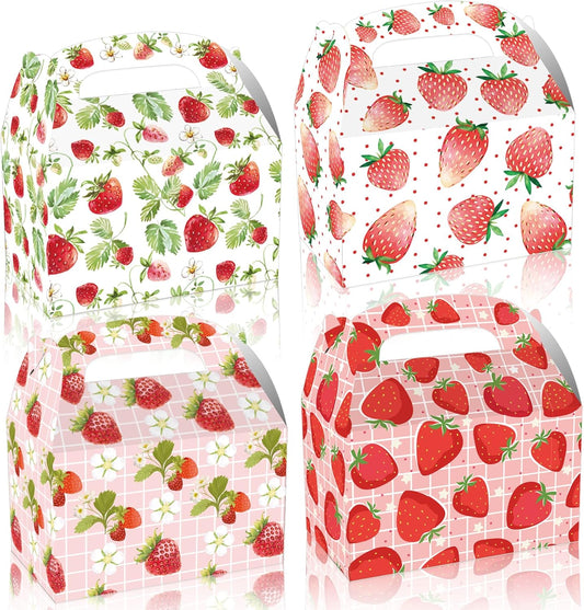 12 pcs Strawberry Treat Boxes, 4 Designs Summer Strawberry Gift Boxes with Handles, Pink Cute Party Favor Boxes for Candy Cookies Gifts, Baby Shower, Wedding, Birthday Party Decorations Supplies