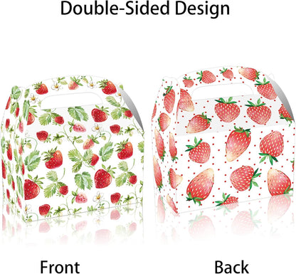 12 pcs Strawberry Treat Boxes, 4 Designs Summer Strawberry Gift Boxes with Handles, Pink Cute Party Favor Boxes for Candy Cookies Gifts, Baby Shower, Wedding, Birthday Party Decorations Supplies