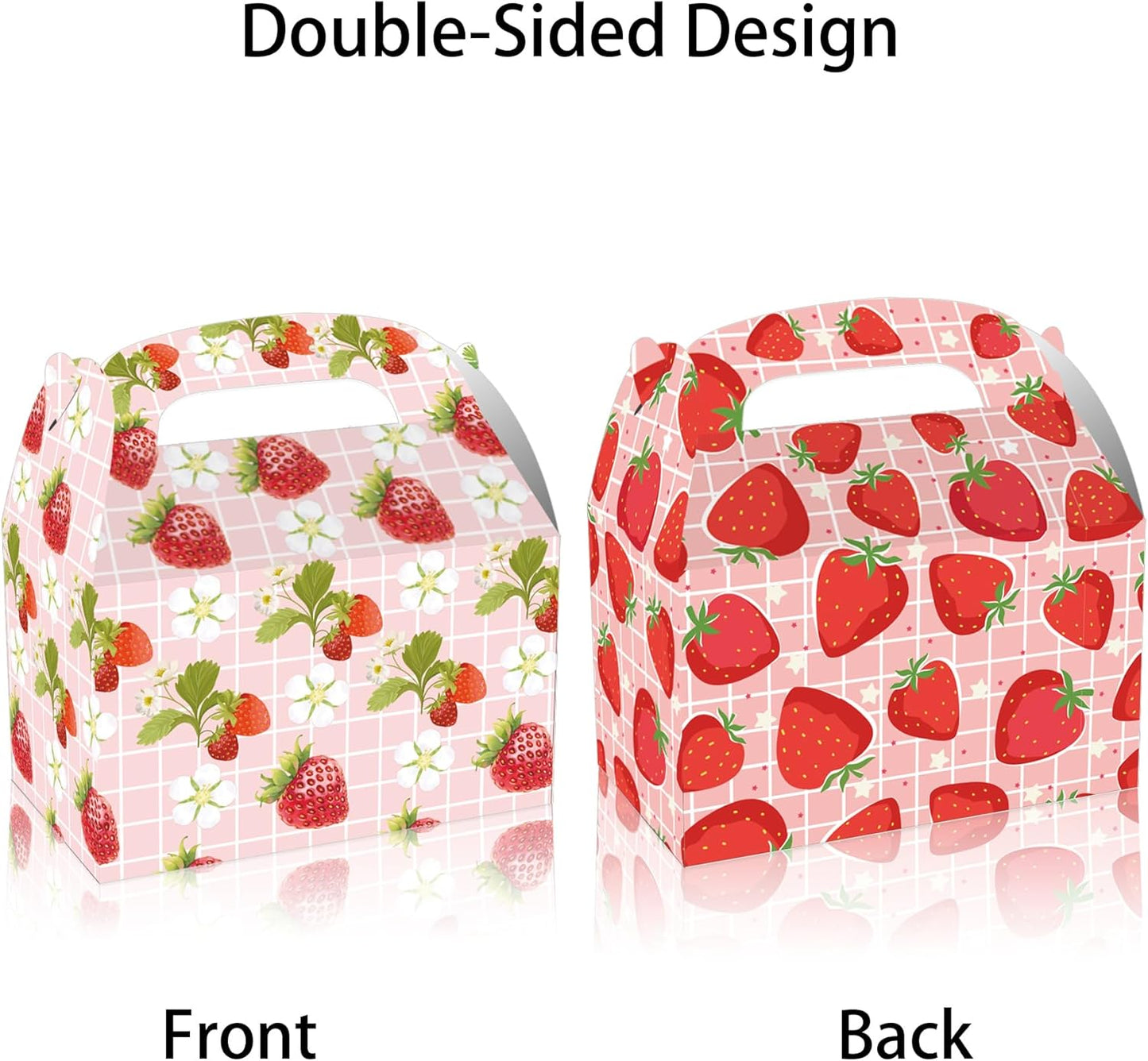 12 pcs Strawberry Treat Boxes, 4 Designs Summer Strawberry Gift Boxes with Handles, Pink Cute Party Favor Boxes for Candy Cookies Gifts, Baby Shower, Wedding, Birthday Party Decorations Supplies