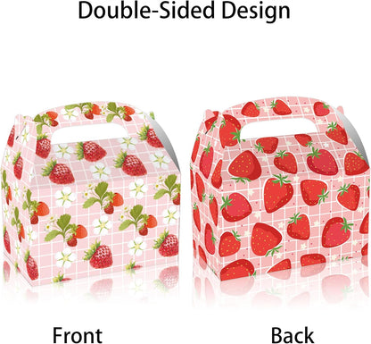 12 pcs Strawberry Treat Boxes, 4 Designs Summer Strawberry Gift Boxes with Handles, Pink Cute Party Favor Boxes for Candy Cookies Gifts, Baby Shower, Wedding, Birthday Party Decorations Supplies