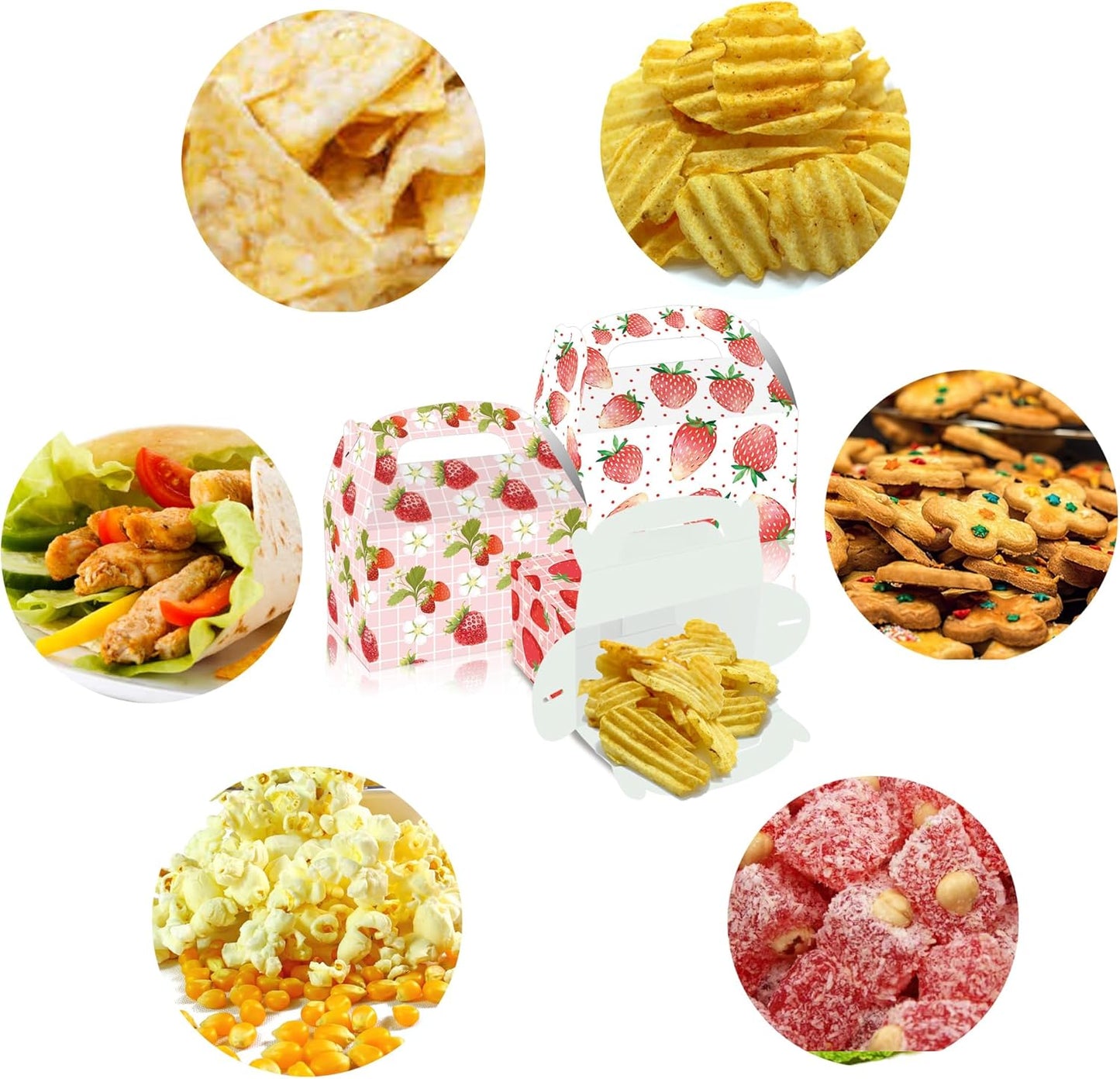 12 pcs Strawberry Treat Boxes, 4 Designs Summer Strawberry Gift Boxes with Handles, Pink Cute Party Favor Boxes for Candy Cookies Gifts, Baby Shower, Wedding, Birthday Party Decorations Supplies