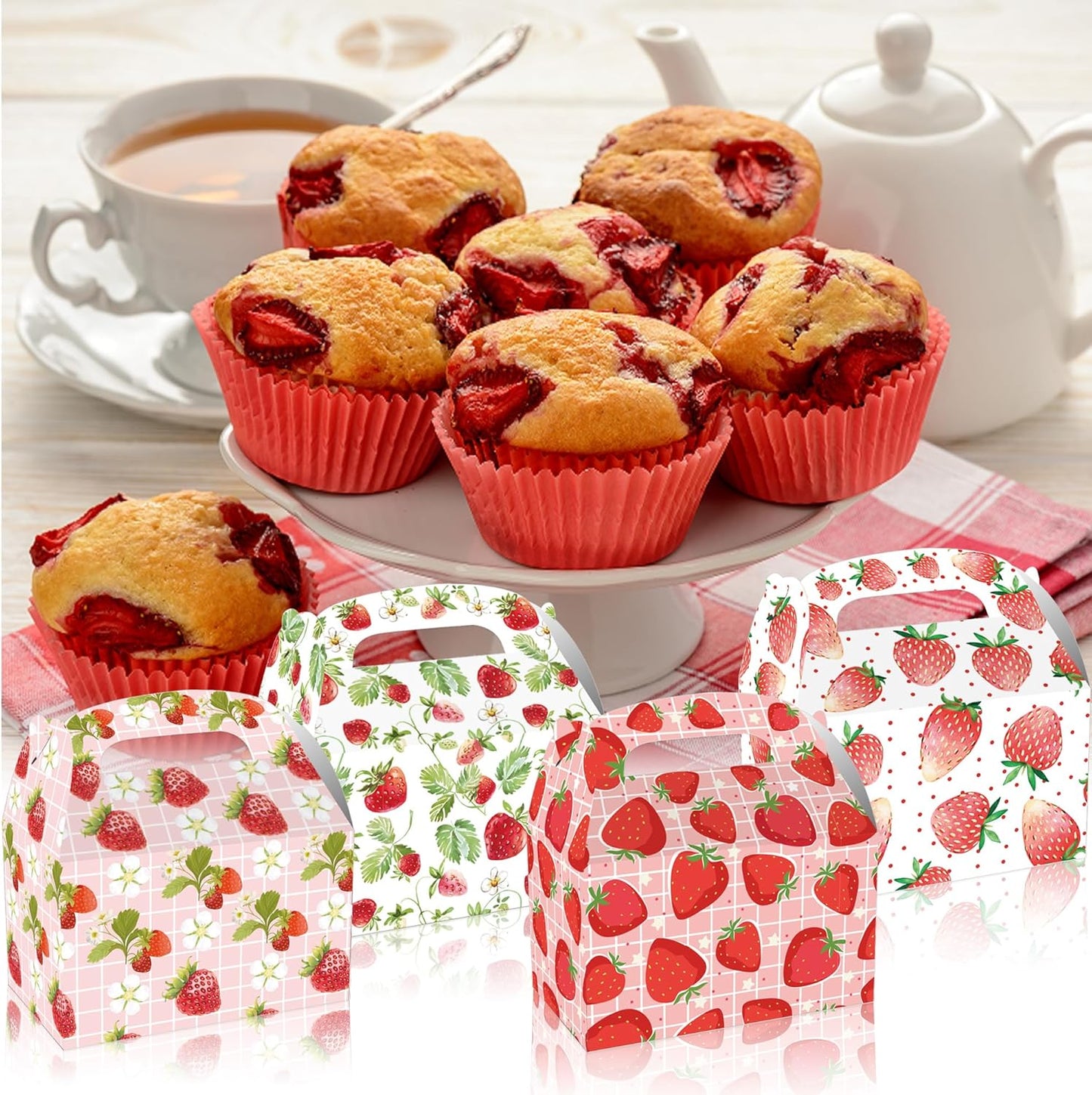 12 pcs Strawberry Treat Boxes, 4 Designs Summer Strawberry Gift Boxes with Handles, Pink Cute Party Favor Boxes for Candy Cookies Gifts, Baby Shower, Wedding, Birthday Party Decorations Supplies