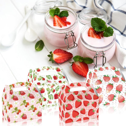 12 pcs Strawberry Treat Boxes, 4 Designs Summer Strawberry Gift Boxes with Handles, Pink Cute Party Favor Boxes for Candy Cookies Gifts, Baby Shower, Wedding, Birthday Party Decorations Supplies