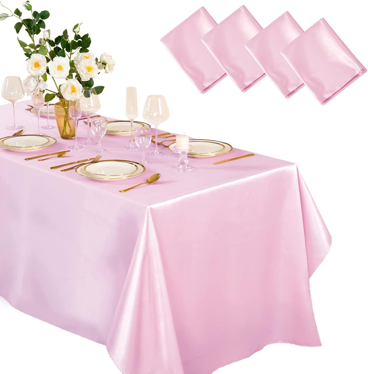 4 Pack Light Pink Satin Tablecloth 60 x 102 Inches